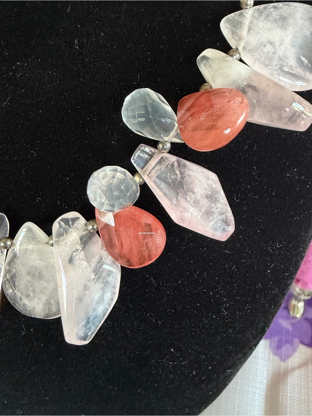 STUNNING Handcrafted Rose & Watermelon Quartz  Statement Necklace - Picture 8 of 8